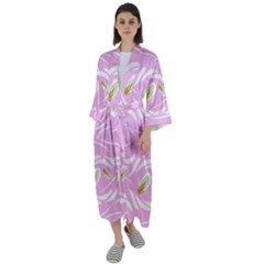 Folk Flowers Print Floral Pattern Ethnic Art Maxi Satin Kimono by Eskimos