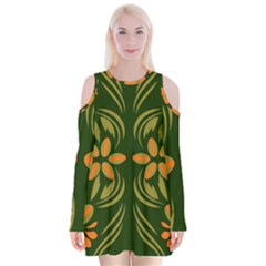 Folk Flowers Print Floral Pattern Ethnic Art Velvet Long Sleeve Shoulder Cutout Dress by Eskimos