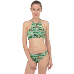 Seamless Pattern Fishes Pirates Cartoon Racer Front Bikini Set by Jancukart