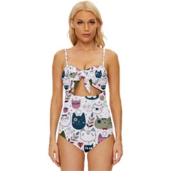 Pattern With Cute Cat Heads Knot Front One-piece Swimsuit by Jancukart