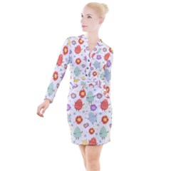 Easter Seamless Pattern With Cute Eggs Flowers Button Long Sleeve Dress by Jancukart