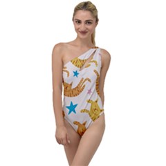 Cute Cats Seamless Pattern With Stars Funny Drawing Kittens To One Side Swimsuit by Jancukart