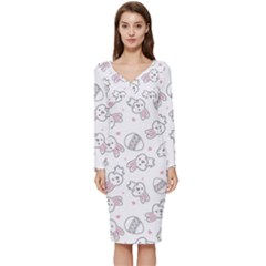 Cute Pattern With Easter Bunny Egg Long Sleeve V-neck Bodycon Dress  by Jancukart