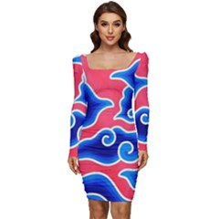 Batik Megamendung Women Long Sleeve Ruched Stretch Jersey Dress by artworkshop