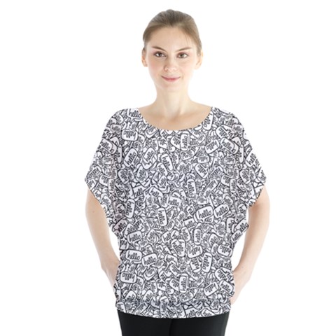 Black And White Hello Text Motif Random Pattern Batwing Chiffon Blouse by dflcprintsclothing