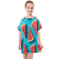 Watermelon Blue Background Kids  One Piece Chiffon Dress by artworkshop