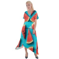 Watermelon Blue Background Cross Front Sharkbite Hem Maxi Dress by artworkshop