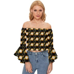 Flowers Pattern Off Shoulder Flutter Bell Sleeve Top by Sparkle