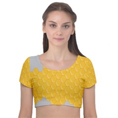 Hexagons Yellow Honeycomb Hive Bee Hive Pattern Velvet Short Sleeve Crop Top  by artworkshop