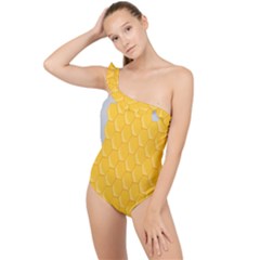 Hexagons Yellow Honeycomb Hive Bee Hive Pattern Frilly One Shoulder Swimsuit by artworkshop