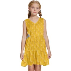 Hexagons Yellow Honeycomb Hive Bee Hive Pattern Kids  Sleeveless Tiered Mini Dress by artworkshop