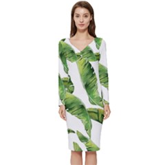 Sheets Tropical Plant Palm Summer Exotic Long Sleeve V-neck Bodycon Dress  by artworkshop