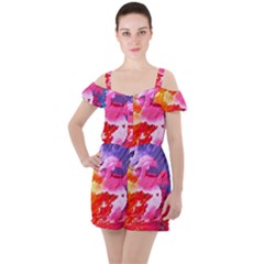 Colorful Painting Ruffle Cut Out Chiffon Playsuit by artworkshop