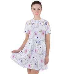 Pattern Flowers Short Sleeve Shoulder Cut Out Dress  by artworkshop