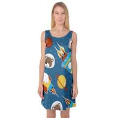 Seamless-pattern-vector-with-spacecraft-funny-animals-astronaut Sleeveless Satin Nightdress by Jancukart