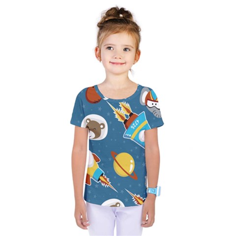 Seamless-pattern-vector-with-spacecraft-funny-animals-astronaut Kids  One Piece Tee by Jancukart