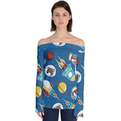 Seamless-pattern-vector-with-spacecraft-funny-animals-astronaut Off Shoulder Long Sleeve Top by Jancukart