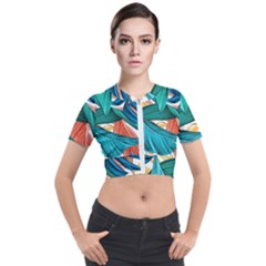 Leaves Tropical Exotic Short Sleeve Cropped Jacket by artworkshop