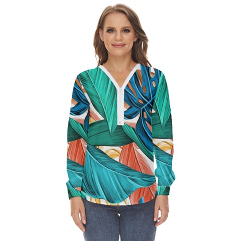 Leaves Tropical Exotic Zip Up Long Sleeve Blouse by artworkshop