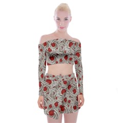 Cream With Cherries Motif Random Pattern Off Shoulder Top With Mini Skirt Set by dflcprintsclothing