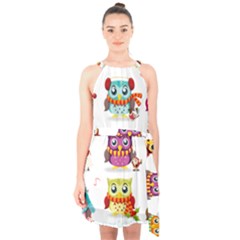 Cartoon-cute-owl-vector Halter Collar Waist Tie Chiffon Dress by Jancukart