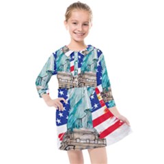 Statue Of Liberty Independence Day Poster Art Kids  Quarter Sleeve Shirt Dress by Jancukart