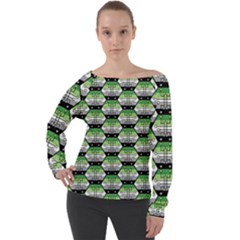 Hackers Town Void Mantis Hexagon Aromantic Pride Flag Off Shoulder Long Sleeve Velour Top by WetdryvacsLair