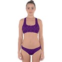 Small Bright Dayglo Purple Halloween Motifs Skulls, Spells & Cats On Spooky Black Cross Back Hipster Bikini Set View1