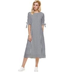 Soot Black And White Handpainted Houndstooth Check Watercolor Pattern Bow Sleeve Chiffon Midi Dress by PodArtist