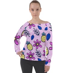 Flowers Purple Off Shoulder Long Sleeve Velour Top by nateshop