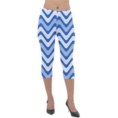 Waves-blue White Lightweight Velour Capri Leggings  by nateshop