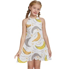 Seamless Stylish Pattern-with-fresh-yellow-bananas-background Kids  Halter Collar Waist Tie Chiffon Dress by Wegoenart