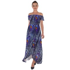 Peacock-feathers-blue Off Shoulder Open Front Chiffon Dress by nateshop