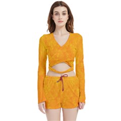 Background-yellow Velvet Wrap Crop Top And Shorts Set by nateshop