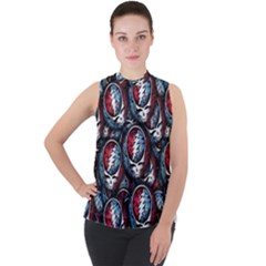 Grateful Dead Pattern Mock Neck Chiffon Sleeveless Top by Jancukart