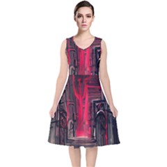 Stranger Things Fantasy Dark  Red V-neck Midi Sleeveless Dress  by Amaryn4rt