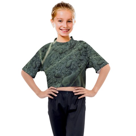 Leaves Water Drops Green  Kids Mock Neck Tee by artworkshop