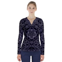 Illustration Black White Rosette Mandala Ornament Wallpaper V-neck Long Sleeve Top by Wegoenart