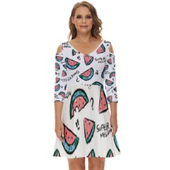 Illustration Watermelon Fruit Sweet Slicee Shoulder Cut Out Zip Up Dress by Sudhe