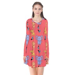 Illustration Elephant Cartoon Animal Monkey Long Sleeve V-neck Flare Dress by danenraven