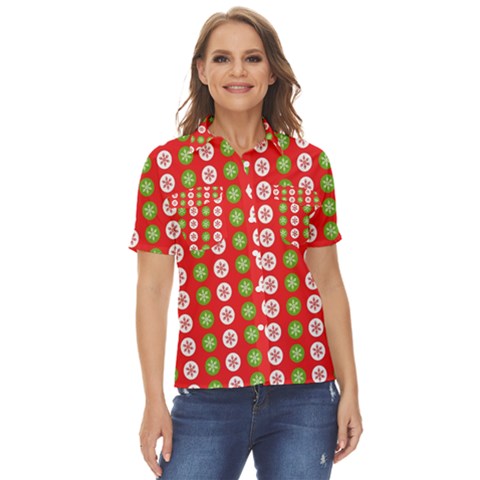 Illustration Festive Pattern Christmas Holiday Women s Short Sleeve Double Pocket Shirt by danenraven