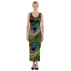 Peacock Feathers Color Plumage Fitted Maxi Dress by Celenk