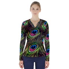 Peacock Feathers Color Plumage V-neck Long Sleeve Top by Celenk