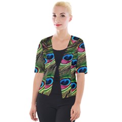 Peacock Feathers Color Plumage Cropped Button Cardigan by Celenk