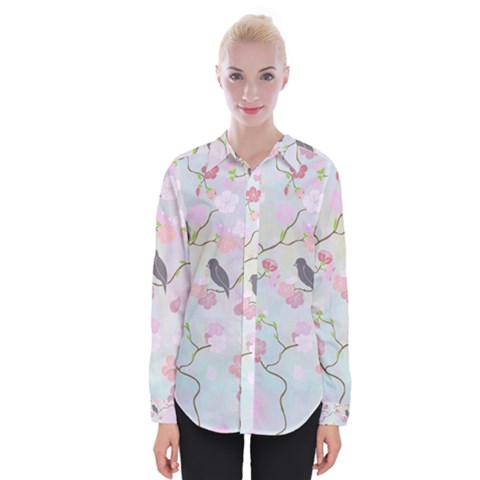 Bird Blossom Seamless Pattern Womens Long Sleeve Shirt by Ravend