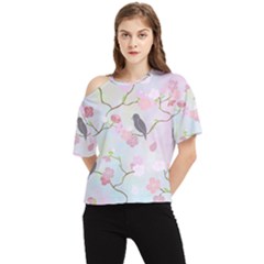 Bird Blossom Seamless Pattern One Shoulder Cut Out Tee by Ravend