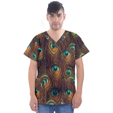 Peacock Feathers Men s V-neck Scrub Top by Ravend