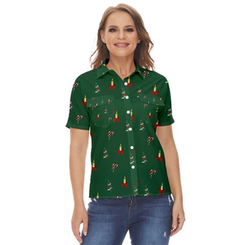 Christmas Background Women s Short Sleeve Double Pocket Shirt by danenraven