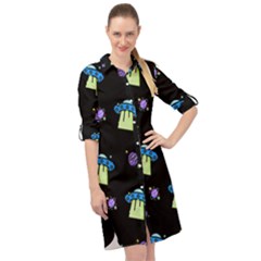 Illustration Cosmos Cosmo Rocket Spaceship Ufo Long Sleeve Mini Shirt Dress by danenraven