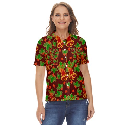 Illustration Xmas Christmas Pattern Women s Short Sleeve Double Pocket Shirt by danenraven